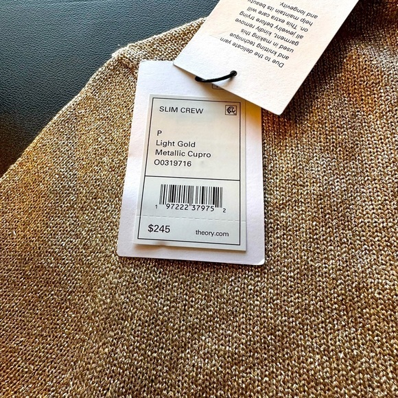 NWT Theory Gold Metallic Short Sleeve Slim Crew Neck Top Women’s Size P - Picture 7 of 8